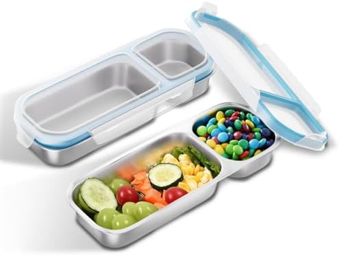 Stainless Steel Snack Containers for Kids Adults, 2 Pack 2 Compartment Metal Snack Containers Box with Lid, Reusable Food Storage Container, Leak Proof, Grab and Go, Blue - Thumbnail 2