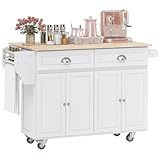 HOMCOM Rolling Kitchen Island Cart with Drop Leaf, Kitchen Cart on Wheels with Wood Top, 2 Drawers and 2 Storage Cabinets, Island Table for Kitchen, Dining Room, White