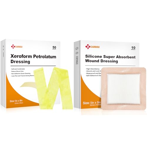 Carbou Medical Xeroform Petrolatum Dressing 1"x8" (Paquete de 50) + Silicone Super Absorbent Wound Dressing 5"x5" (Paquete de 10)