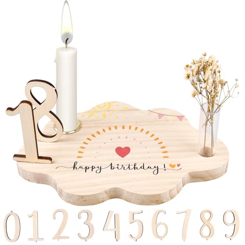 Personalisierter Holz Geburtstagsteller, Geburtstagsteller aus Holz mit Kerzenhalter Vase Jahreszahlen 0-9, Gästebuch Geburtstag Geburtstagsdeko Geburtstagsgeschenk für Jungen Mädchen Erwachsene