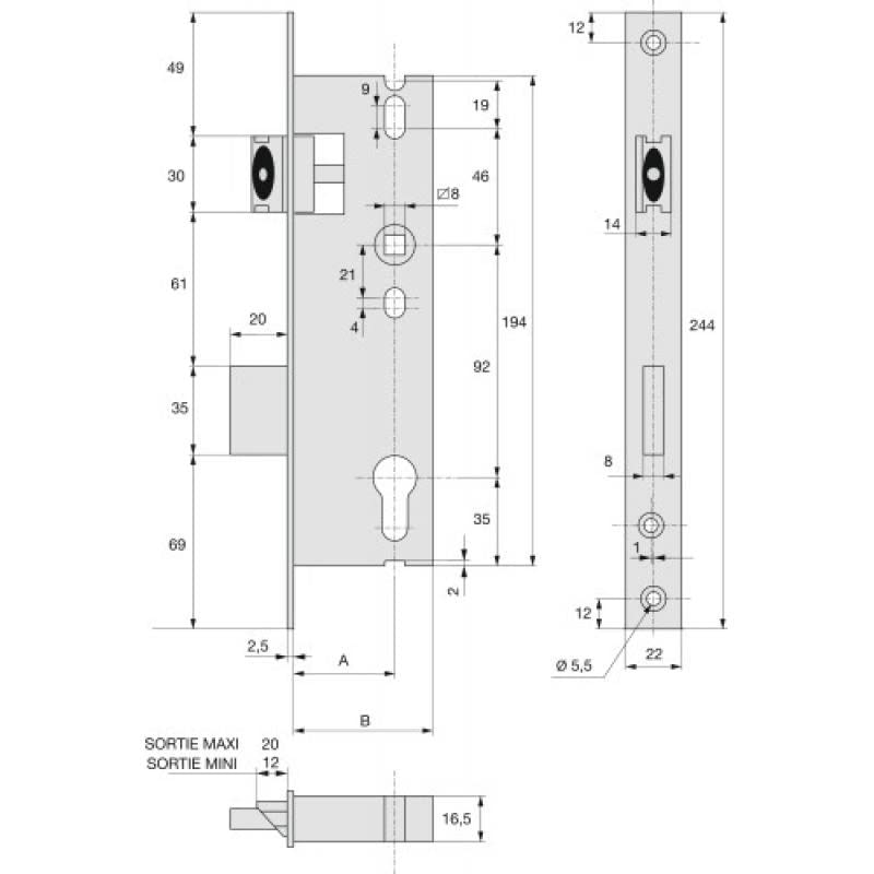 Serrure à pêne dormant et demi tour 2560 pour portail coffre à 57 mm axe à 42 mm