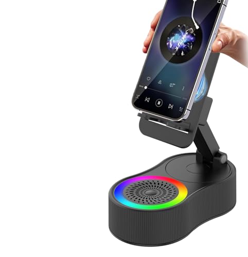 Wireless Induction Speaker 5-in-1 Bluetooth Speaker with Phone Stand,Stereo Sound, 5000mAh Rechargeable, 8 RGB Ambient Light, 360° Adjustable Holder for iPhone/Android/iPad,Gifts for Men Women (Black)
