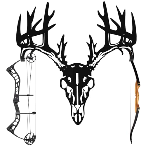 Otoolling Deer Skull Bow Rack Wall Mount Metal Compound Recurve and Crossbow Holder Rustic Hunting Cabin Decor Classic Black