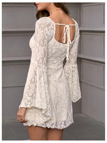 Image of WDIRARA Women's Floral Jacquard Mesh Gothic Dress Bell Long Sleeve A Line Vintage Dresses | Mesh fabric, A-line, vintage