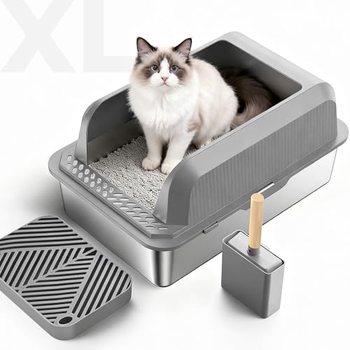 COOLYNX Katzentoilette Edelstahl, Litter Box Katzenklo, Edelstahl Katzenklo XL Offen 60x40x30 cm mit Pedal & Schaufel, H...