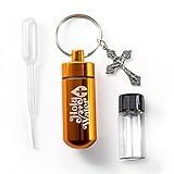 Catholic Holy Water Bottle, Gold Keychain Container Kit with Plastic Eyedropper and Small Glass Vial with Screw Top Metal Keyring Holder with Crucifix Cross Pendant, Botellas Para Agua Bendita