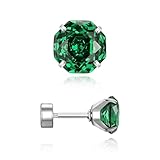 Zircon Flat Back Screw Hypoallergenic Surgical Steel Stud Earrings - Emerald Green - None Gift Box,0.8ct - 6mm