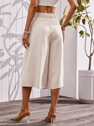 Wide Leg Capris Pants for Women Flowy Summer Casual Elastic Waist Cropped Pants Lounge Palazzo Trousers with Pocket3