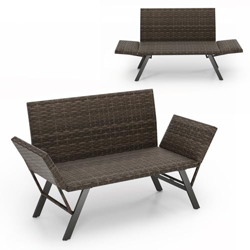 COSTWAY Polyrattan Gartenbank mit Liegefunktion, Gartensofa mit schnelltrocknender Schaumstoffpolsterung & verstellbaren Armlehnen, Balkonbank bis 300 kg belastbar, Sitzbank für Garten, Balkon
