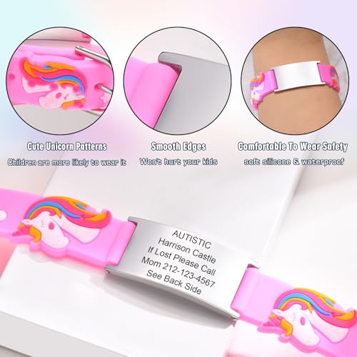 Personalized Medical ID Bracelet for Kids, Unicorn Football Basketball Silicone Allergy Seizure Alert Wristband with Engraved Emergency Info, Waterproof Adjustable Emergency Bracelets for Toddlers4