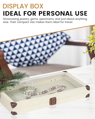 Novel Box Jewelry Organizer Box Linen Light Beige 14.75x8.25x2.1 Large Glass Jewelry Box with Lid with Metal Clasp - Gem Display Case - Jewelry Display Case for Necklaces Bracelets Rings Accessories - Thumbnail 4