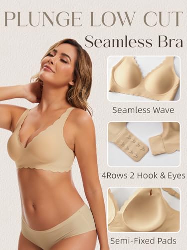 Image of Seamless Wavy Bra Wireless Jelly Bralette Low Cut Deep V Neck Bras | Adjustable Straps, Sexy Plunge Bra, Removable Pads, High Elastic Fabric, Scalloped Edges, Deep V Bras for Women No Underwire
