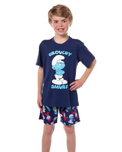 INTIMO The Smurfs Pajamas Boys' Grouchy Smurf Short Sleeves and Shorts Sleep Set (6/7) Navy Blue