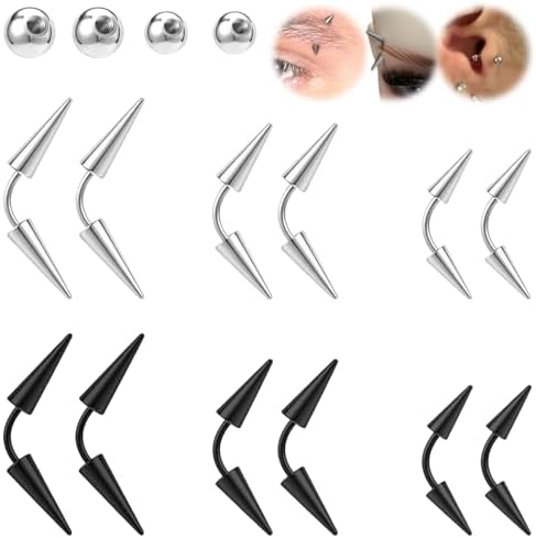 BodyAce 16G Spike Eyebrow Piercing Jewelry, Curved Barbell Eyebrow Tragus Lip Rings with Balls, Black Spike Earrings Rook Nose Bridge Ring for Women Men