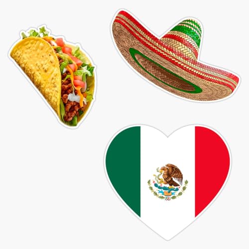Mexican Flag Heart Taco Sombrero Set - Cultural Heritage Food Theme Traditional Mexico Design - 5" Vinyl Magnetic Sticker Decal Magnet