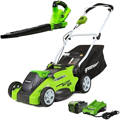 Greenworks 40V 16" Cordless Electric Lawn Mower + 40V Sweeper (150 MPH), 4.0Ah Battery and Charger Included