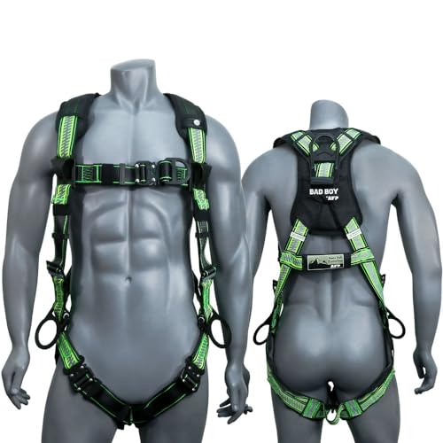 AFP Fall Protection Premium Reflective Lime w/Black Safety Harness, Vented & Padded Shoulder, Legs and Back, 3 D-Rings, Tongue Buckle, Quick Release
