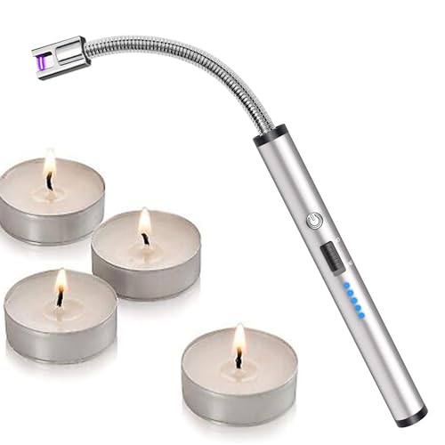 Electric Lighters USB Rechargeable, Windproof 360° Rotatable Long Neck Arc Candle Lighter Spark Gas Flameless Lighter with LED light Power Display Easy to Use and Charge for Candle Home Camping