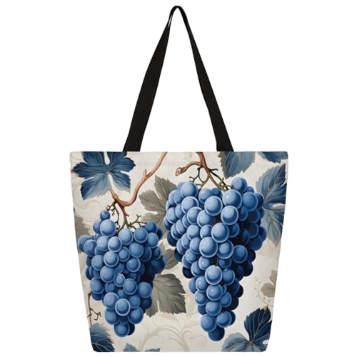 Mularoka Watercolour Beautiful Grapes Large Capacity Canvas Tote Bag Stylish Handheld Shoulder Bag Reusable Shopping Bag for Work Travel Beach Trips Shopping