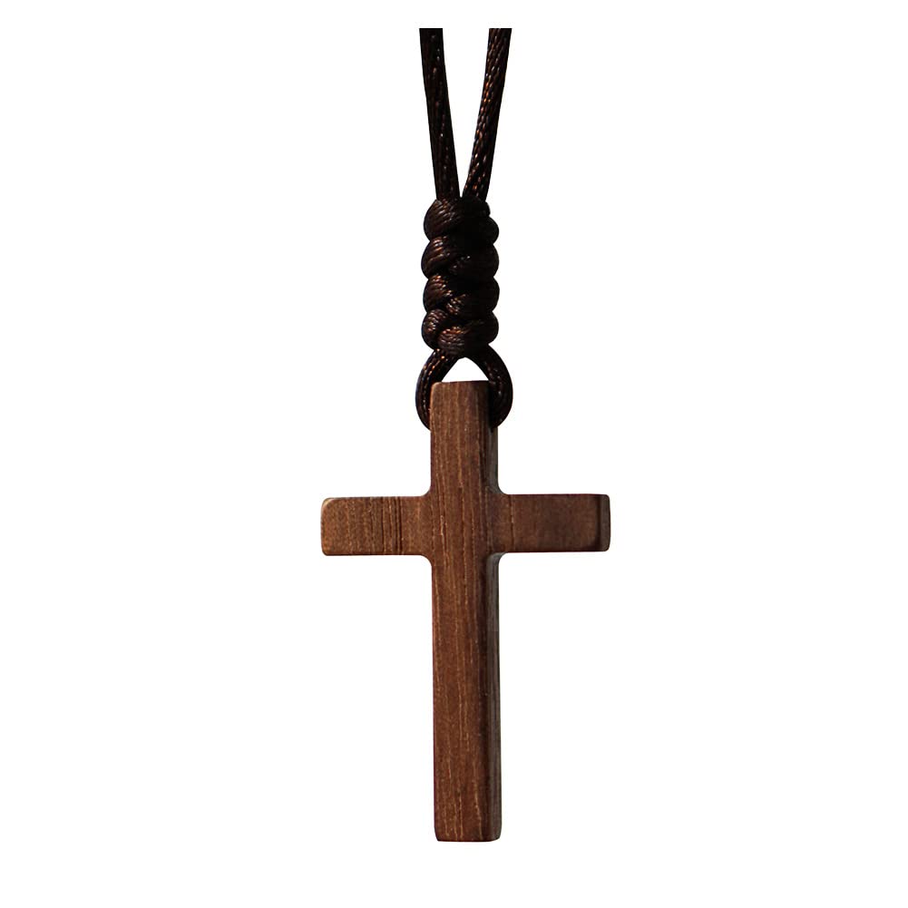 Natural Walnut Wood Cross Pendant Necklace for Men Women Children Kids Boy Girl