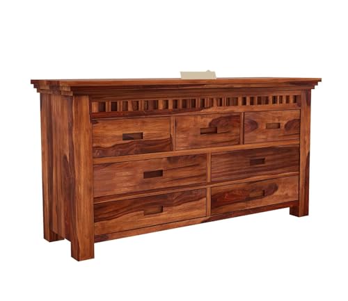 Image of Solid Sheesham Wood Wooden Chest of Drawers with 7 Drawer Storage - Multipurpose Storage Dresser Cabinet Rack for Bedroom Home Living Room (Jerry)