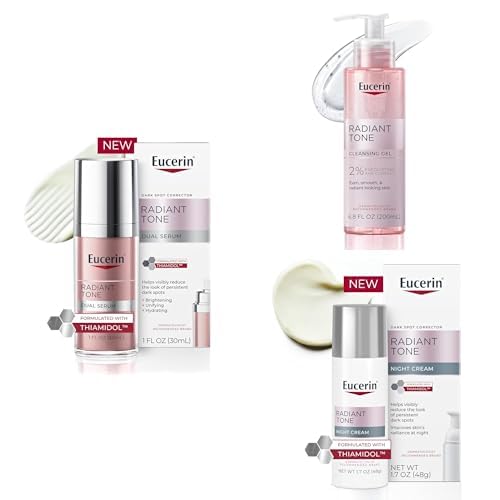 Eucerin Radiant Tone Dual Serum Dark Spot Corrector, Serum with Thiamidol and Hyaluronic Acid + Face Cleanser Gel with 2% Exfoliating AHA Complex + Night Cream, Dark Spot Corrector with Thiamidol