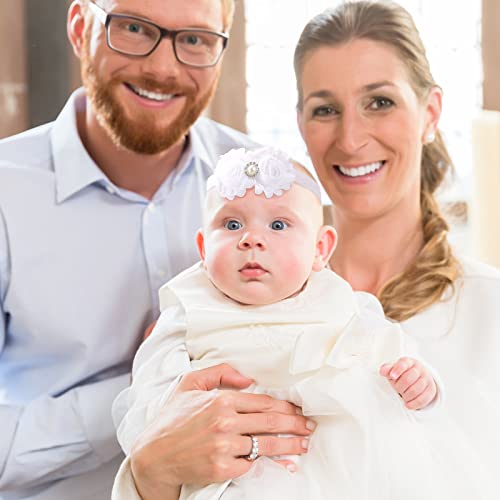 6 Pcs White Baptism Headband for Baby Girls Toddlers Elastic White Baby Headbands Chiffon Flower Crystal Lace Floral Christening Hairband Gifts for Birthday Baby Shower Party 5