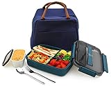 MINCOCO Bento Lunch Box Leak-proof Eco-Friendly Bento Box Food Storage Containers with Large Lunch Bag, Sauce Jar, Stainless Spoon&Fork for Adults Women Men Kids (Navy Blue)
