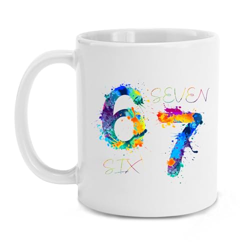 Sparkalyn 67 Meme Mugs,12 oz Novelty Coffee Cup,6-7 White Ceramic Mug,Personalized 6 7 Meme Merchandise，Funny Six Seven Gifts for Humor Fans (01)