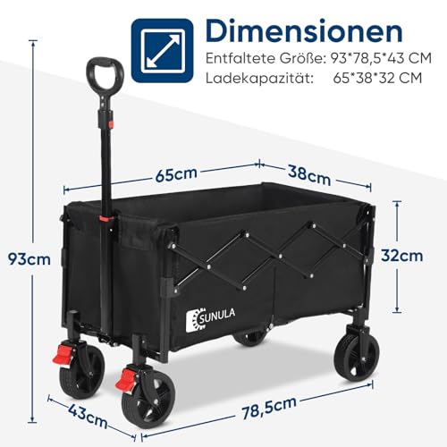 SUNULA Bollerwagen Faltbar Klein 80L 100KG, Faltbarer Bollerwagen Klappbarer Handwagen mit Halbiertem Eigengewicht, Bollerwagen Geländegängig mit Bremsen, Schwarz – Bild 8