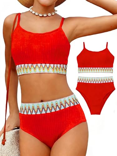 Image of Girls Swimsuit Two Piece Teen Bathing Suit High Waist Textured Bikini Set Woven Girls Swimwear 9-16Y