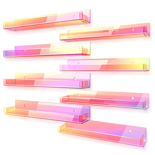 Image of 8 Pack 15 Inch Iridescent Acrylic Floating Wall Shelves, Rainbow Shelves | Modern Display Shelf for Sunglasses, Oils, Pictures & Toy Storage Wall Decor