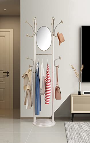 Julenshion Coat Rack Freestanding,Coat Tree Stand With Mirror And 4 Pcs Standard Hangers,Aluminium Alloy Tree And Stainless Steel Hooks For Hanging Jackets Hats Bags Purses(White) #TOP1