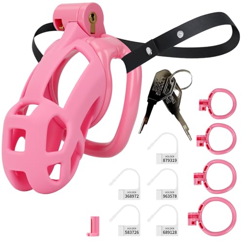 Image of Sex Toys Male Chastity Cage with Elastic Belt & Invisible Lock - 4 Rings Lightweight Comfort Fit Design for Long Term Wear, Secure Chastity Device (M-90mm) - Breathable Large Penis Cage for Men (Pink)