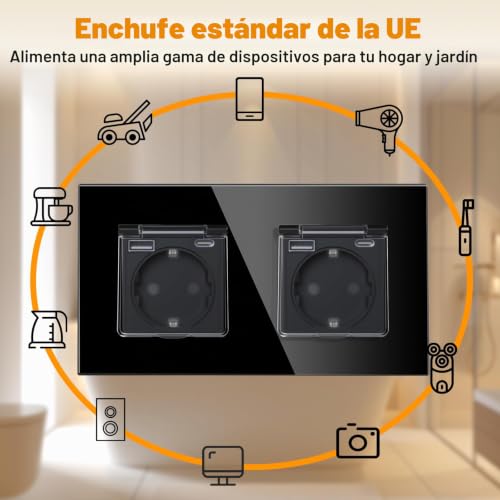 Miniatura 5 de Bseed Enchufe Usb, Enchufe Pared Schuko Con Tapa Impermeable, Enchufe Usb C 2 Gang, Enchufe Doble 16amp Negro, Enchufes De Extensión