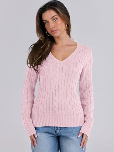 Image of ANRABESS Women's Cable Knit V Neck Fitted Sweaters