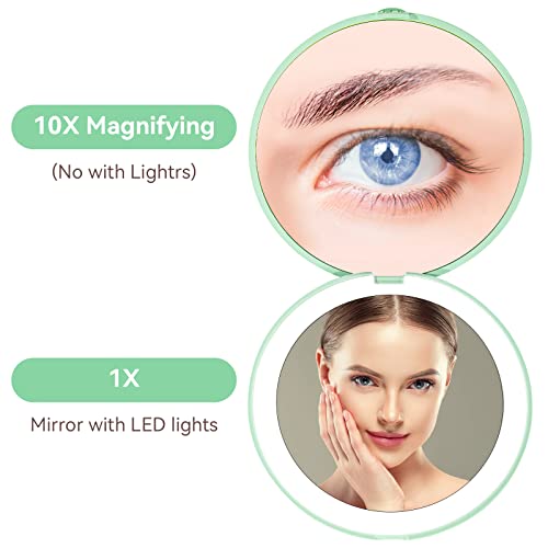 Hzhfcb Led Light Travel Makeup Mirror,1X/10X Magnification-Daylight,Compact,Portable,Large 9Cm Wide Illuminated Folding Mirror(Brook Green) #TOP1
