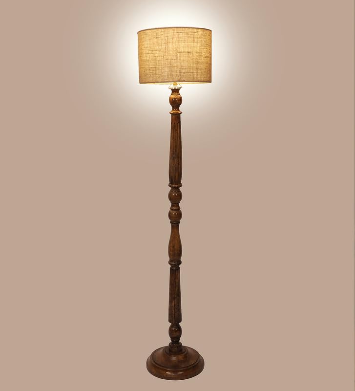 Image of tu casa Mango Wooden Floor Lamps with Beige Jute Shade for Home Decor, Bedrooms Corner, Living Room, Gifting, Diwali Decoration, Hall, Office, Study Room (Height: - 56 inch) - Bulb not Included