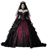 Zhangyo Rhinestone Satin Bridal Dresses Burgundy Deep and Black Lace Gothic Lace Wedding Dresses for Brides with Long Sleeves Rhinestone Wedding Gown Plus Size 26