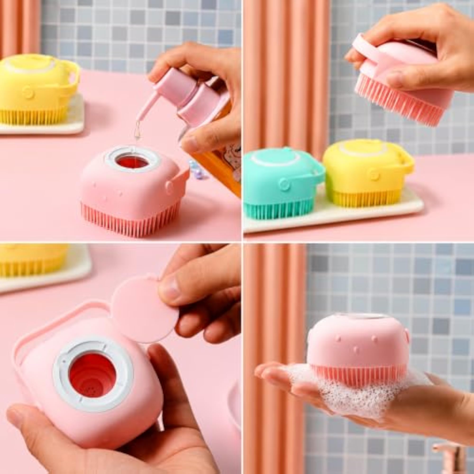 2 Pcs Silicone Bath Combo with Back Scrubber & Soap Dispenser Brush
