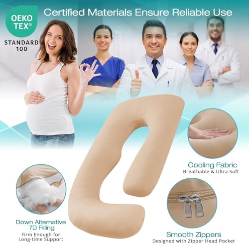 Image of Cooling Pregnancy Pillows for Sleeping, 57'' Full Body Pillow, Beige | Sasttie Maternity Pillow, OEKO-TEX, Down Alternative, Removable Cover, Pregnant Women Must Haves, Maternity Essential