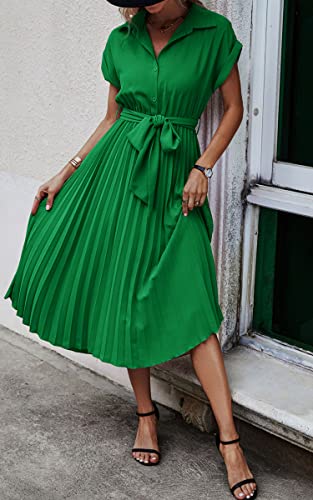 Image of ECOWISH Womens Casual Midi Dresses Solid V Neck Short Sleeve Button Shirt Belted Dress with Pockets for Spring Summer 2026