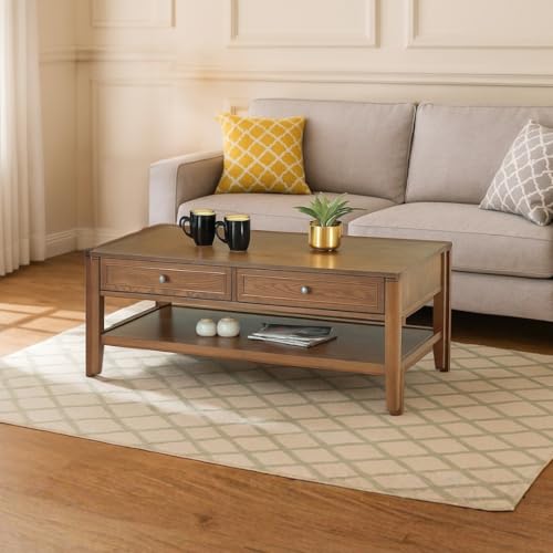 Image of Royaloak Dallas American Wooden Coffee Table | Rectangular Centre Table for Living Room with Ash Veneer Top, Pull-Out Drawers & Open Shelf | Tapered Legs, Modern Design & Durable Construction