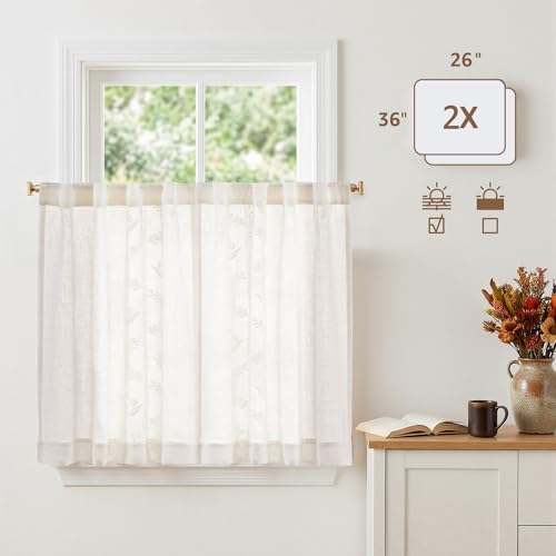 Image of jinchan White Floral Linen Kitchen Tier Curtains 36 Inch, 2 Panels