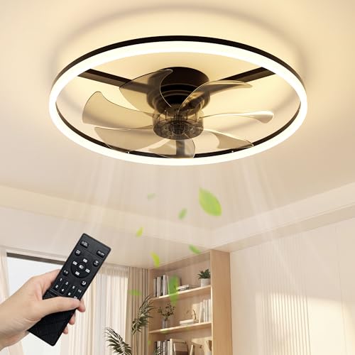 Image of NIORSUN Ceiling Fans with Lights and Remote, 6 Speeds and 3000K-6500K Dimmable Quiet Ceiling Fan Lights, 60cm 5000LM Modern Smart LED Ceiling Fan Light for Bedroom Living Room Dining Room (Black)