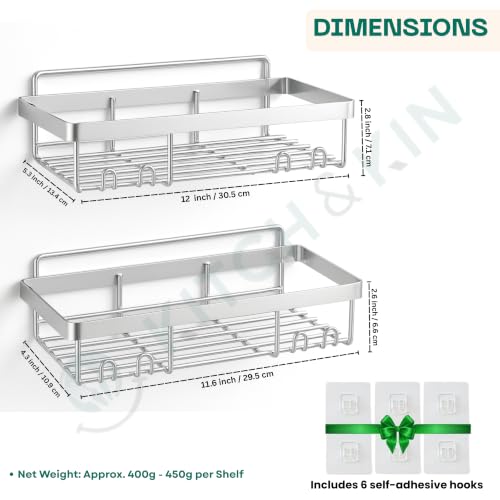Image of KITCH & KIN 2-Piece Stainless Steel Bathroom & Washroom Organizer Shelf - Dual Mount Wall Storage Rack with Self Adhesive or Drill Option, Space-Saving Kitchen Organiser