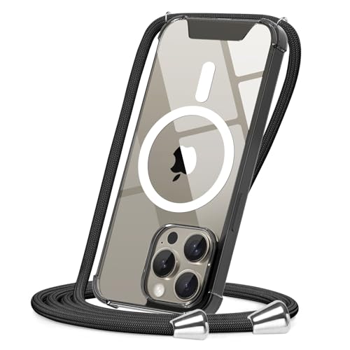 CAROKI Crossbody Lanyard Case for iPhone 15 Pro Max 6.7 inch, Magnetic Case Compatible with MagSafe Transparent Slim PC + TPU Clear Phone Case Cover with Lanyard Strap for iPhone 15 Pro Max-Black