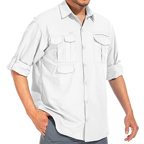 Mens Safari Shirt Fishing Hiking Clothes Spf 50 Sun Protection Long Sleeve Outdoor Quick Dry Vented Breathable Cool Utility Cargo Shirts (5068 White L) #TOP3