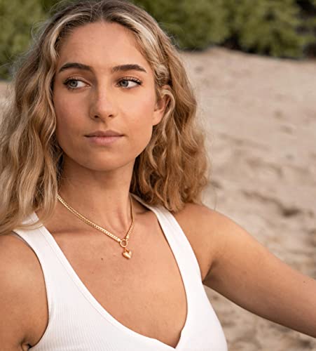 Nuzon Love Heart Pendant Necklace For Women Girls 14K Gold Plated Thick Flat Herringbone Snake Chain Choker Engraving “Love You” Charm Sailor Lock Layering Jewelry 16’’ #TOP3