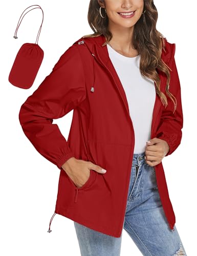 iWoo Waterproof Jackets Women Raincoat Ladies Lightweight Jackets Packaway Summer Long Sleeve Hooded Rain Jackets Red M